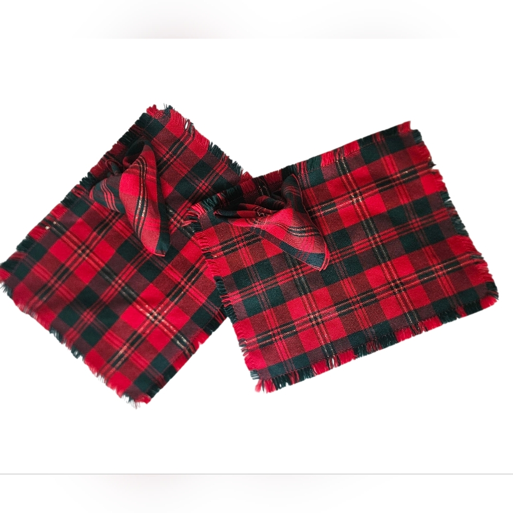 Red Tartan Plaid Gold Thread Placemats & Napkins x 2